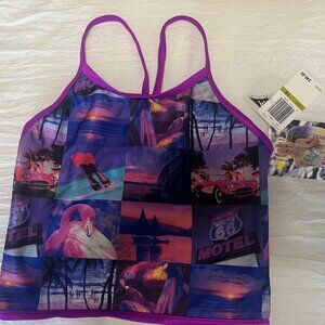 SPEEDO GIRLS TANKINI SWIM TOP REVERSIBLE SIZE 14 NWT PURPLE TROPICAL IMAGES